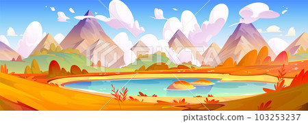 Autumn mountain landscape with lake orange grass 103253237