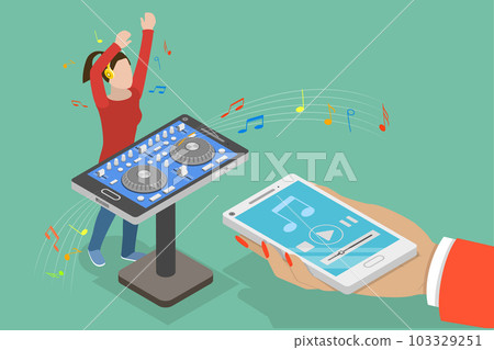 3D Isometric Flat Vector Conceptual Illustration of Girl dj with Mixer Console 103329251