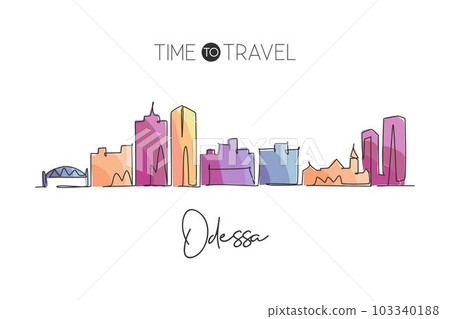 Single continuous line drawing of Odessa city skyline, Texas. Famous city scraper landscape. World travel home wall decor art poster print concept. Modern one line draw design vector illustration 103340188