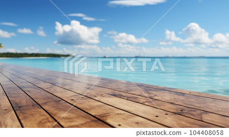 Empty wooden table with a summer sea and palms 104408058