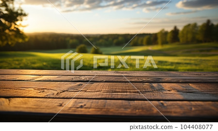 Empty wooden table with a serene meadow and trees 104408077