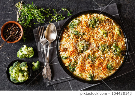 tasty Chicken Broccoli mushroom Casserole on dish 104428143