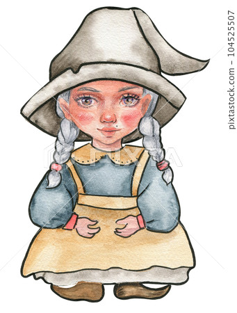 Little witch in hat. Watercolor hand drawn illustration. Can be used for halloween party or posters. 104525507