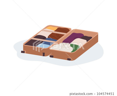 Well organized and packed suitcase, flat vector illustration isolated on white background. 104574451