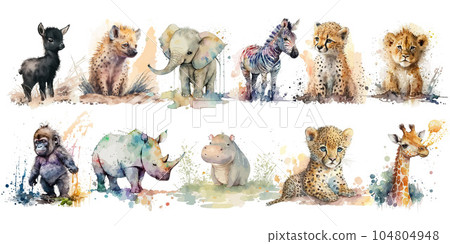 Safari Animal set Cheetah, black antelope, lion, elephant, rhinoceros, giraffe, leopard, spotted hyena, hippopotamus, zebra, gorilla in watercolor style. Isolated vector illustration 104804948