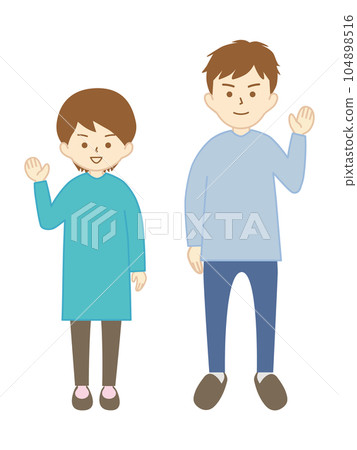 Young man and woman waving with a smile 104898516