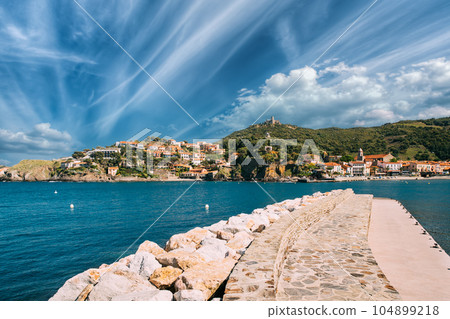 Collioure, France. View From Berth In Port To Collioure Hilly Cityscape In Sunny Spring Day 104899218