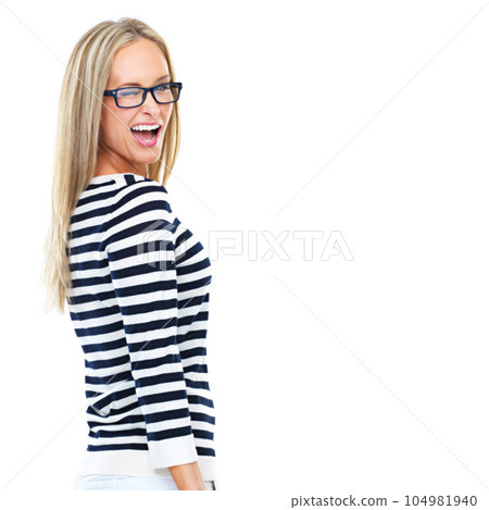 Woman, studio and glasses for winking, smile and funny face with happiness by white background. Isolated model, happy and flirt with fashion, confidence or beauty with motivation for trendy lifestyle 104981940