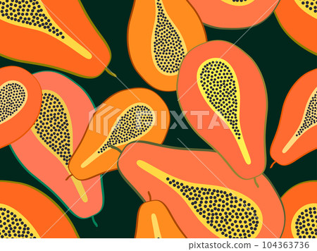 Seamless pattern with papaya on a black background. Half cut papaya with seeds in flat style. Design for printing on paper and fabric, banners and posters. Vector illustration 104363736