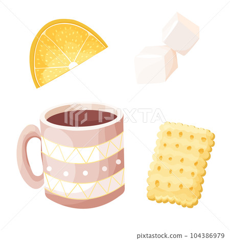 Set tea cup, porcelain mug scandinavian style decotated with dots with sugar, lemon and cracker or cookie in cartoon style isolated on white background. 104386979