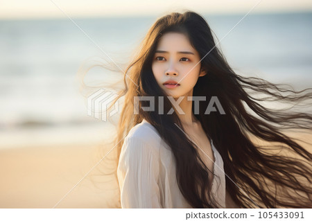 Woman with hair blowing in the wind walking on the beach 105433091