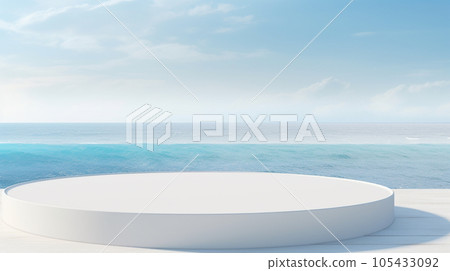 3d luxury white podium with blur ocean for your luxury product.Generative AI 105433092