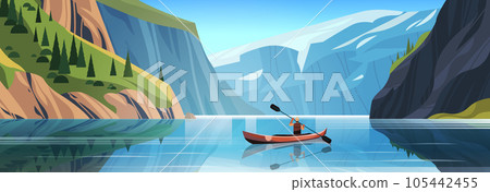 man tourist traveling in boat along mountain river beautiful scenery nature landscape background active summer vacation concept 105442455