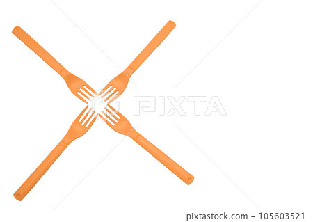 Four orange plastic forks for camping, travel isolated on white surface 105603521