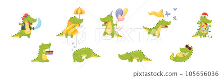 Green Crocodile or Gator Character as African Animal Vector Set 105656036