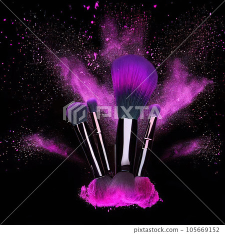 Make-up brushes with purple powder explosion isolated in a black background. 105669152