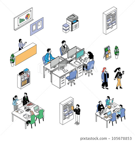 People doing office work in isometric composition Illustration set of men and women having meetings and desk work 105678853