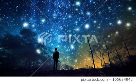 man looking up at the starry sky 105684943