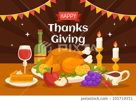 Happy Thanksgiving Day Vector Illustration with Turkey Bird, Pumpkin, Leaves and Many Others Elements Background Flat Cartoon Hand Drawn Templates 105719351