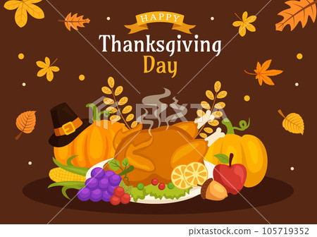 Happy Thanksgiving Day Vector Illustration with Turkey Bird, Pumpkin, Leaves and Many Others Elements Background Flat Cartoon Hand Drawn Templates 105719352