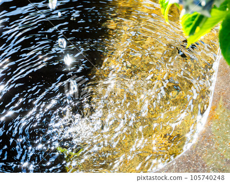 Cool summer scenery Cool water droplets creating ripples in a water bowl Background material 105740248