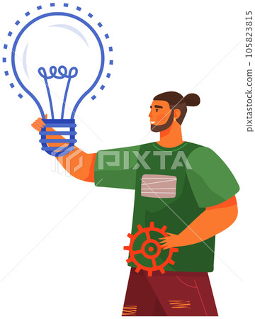 Male character with gear in hand near huge light bulb. Thinking of solution, development of idea 105823815