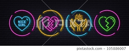 Nice girl, Break up and Hold heart minimal line icons. Neon laser 3d lights. Broken heart icons. For web, application, printing. Divorce, Care love, Love end. Neon lights buttons. Vector 105886007