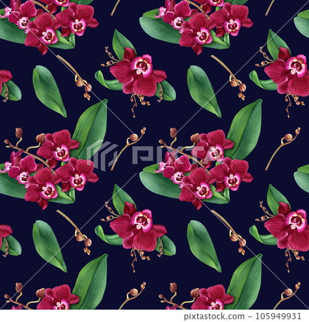 Watercolor seamless pattern with tropical flower orchid Phalaenopsis blooms, leaves and buds. For wrapping, fabric, textile 105949931