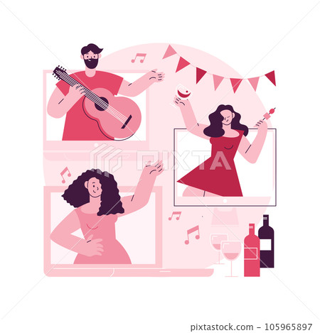 Self-isolation party abstract concept vector illustration. Celebration online, video call, happy friend, quarantine fun, coronavirus outbreak, videoconference, virtual chat abstract metaphor. 105965897