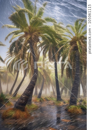 palm trees bending in strong hurricane winds, created with generative ai 105061115