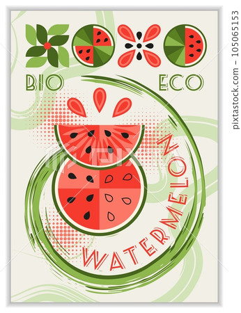 Vertical poster with watermelon, abstract geometric shapes, spiral paint brush stroke. Good for branding, decoration of food package, cover design, decorative print, background, wall decoration 105065153