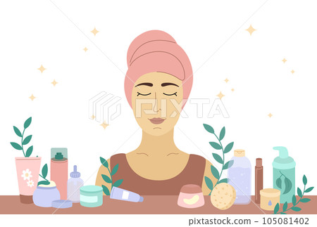 Woman and skin care daily rouitine. Natural skincare. Beauty products. Organic cosmetics concept. Herbal lotion, moisturizer, serum, eye patches, cleanser. Vector flat illustration 105081402