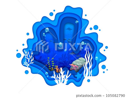 Cartoon tropical sea paper cut underwater landscape with fishes and manta ray, vector papercut. Ocean or undersea landscape with seaweeds, sea coral reef or underwater world with paper cut layers 105082790