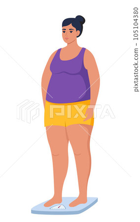 Fat obese woman standing on weigh scales. Oversize fatty girl. Obesity weight control concept. Overweight female cartoon character full length. Vector illustration. 105104380