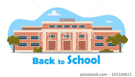 Modern School Building Exterior. Welcome Back To School. Educational architecture, facade of high school building with large windows. Design for flyer, banner, card. Vector illustration. 105104621