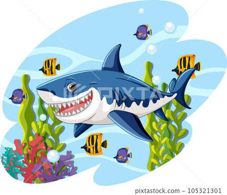 A cartoon illustration of a great white shark smiling and swimming underwater with coral and other fish 105321301