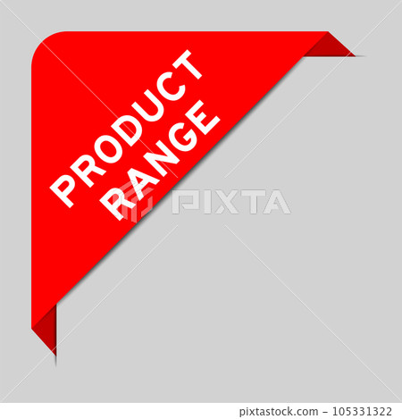 Red color of corner label banner with word product range on gray background 105331322