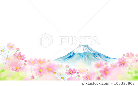 Mount Fuji and cosmos field flower garden watercolor illustration 105383902