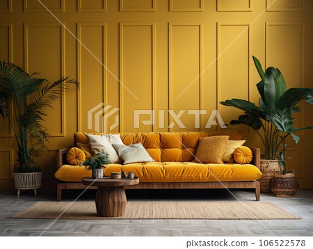 Bright yellow colorful living room with yellow sofa and wooden decoration. Generative AI 106522578