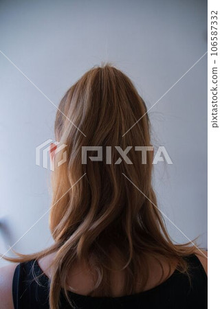 long hair of a woman from behind, on a white background 106587332