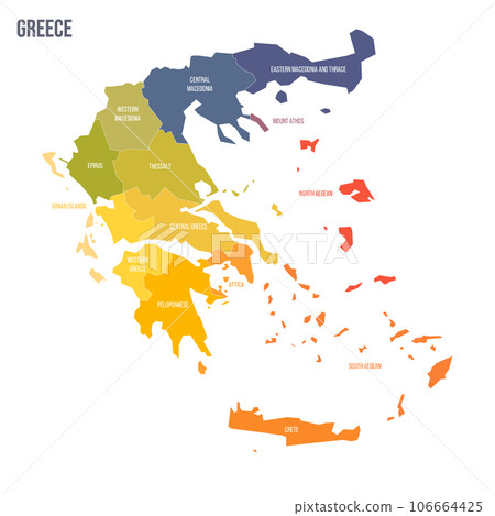 Greece political map of administrative divisions - decentralized administrations and autonomous monastic state of Mount Athos. Colorful spectrum political map with labels and country name. 106664425