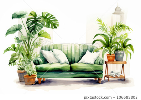 Lots of houseplants and a green sofa 106685802