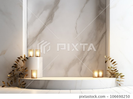 abstract modern minimal background with cobblestones on the wet floor. Trendy showcase with golden round frame and empty platform for product displaying. AI Generative. 106698250