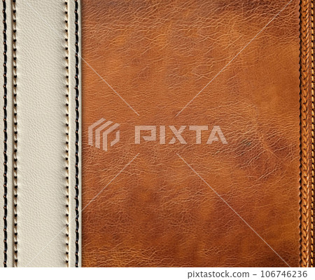 Horizontal or vertical leather background of brown color with decorative braided edging and border of ivory color. Decorative backdrop with cowhide texture. Copy space for text 106746236