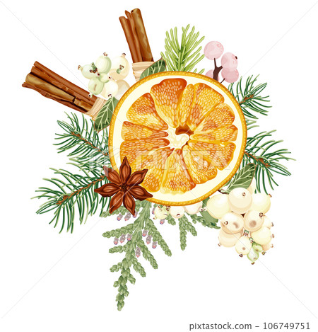 Christmas decorations with dried orange, cinnamon, spruce, thuja, fir, anise, snowberry. The aroma of bouquets. 106749751