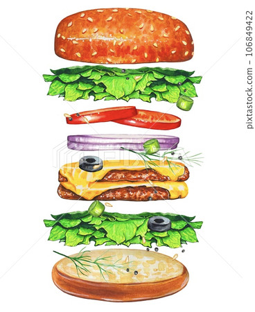 Flying burger with ingredients, watercolor 106849422