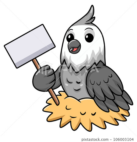 Cute whiteface cockatiel bird cartoon holding blank sign 106003104