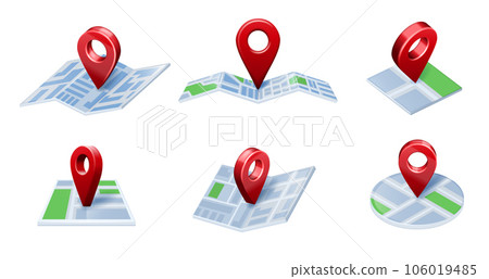 Pin on map. 3D Location icons, city GPS navigation and maps pointing arrows isolated vector illustration set 106019485