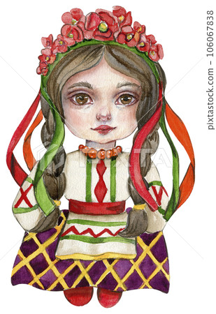 Watercolor hand drawn girl gnome in national ukrainian costume.Design for baby shower party, birthday,cake, holiday celebration design, greetings card,invitation. 106067838