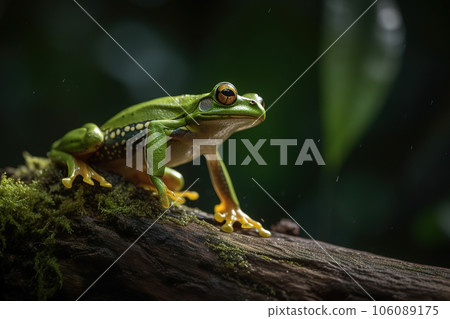 Image of green frog in nature forest. Amphibian. Illustration, Generative AI. 106089175